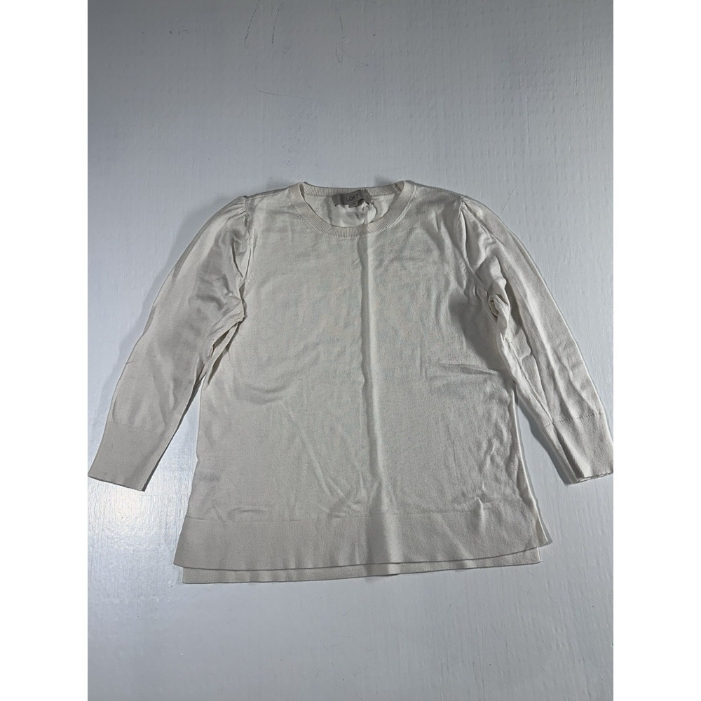 LOFT Womens M Neutral Crewneck Sweater Puff Shoulder Long Sleeve Top - Picture 1 of 6